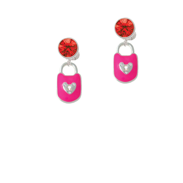 Hot Pink Enamel Lock with Clear Crystals Crystal Clip On Earrings Image 4