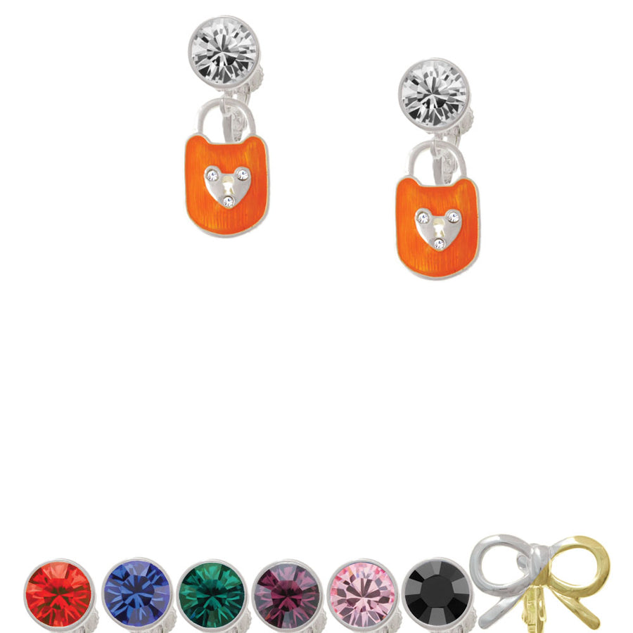 Hot Orange Enamel Lock with Clear Crystals Crystal Clip On Earrings Image 1