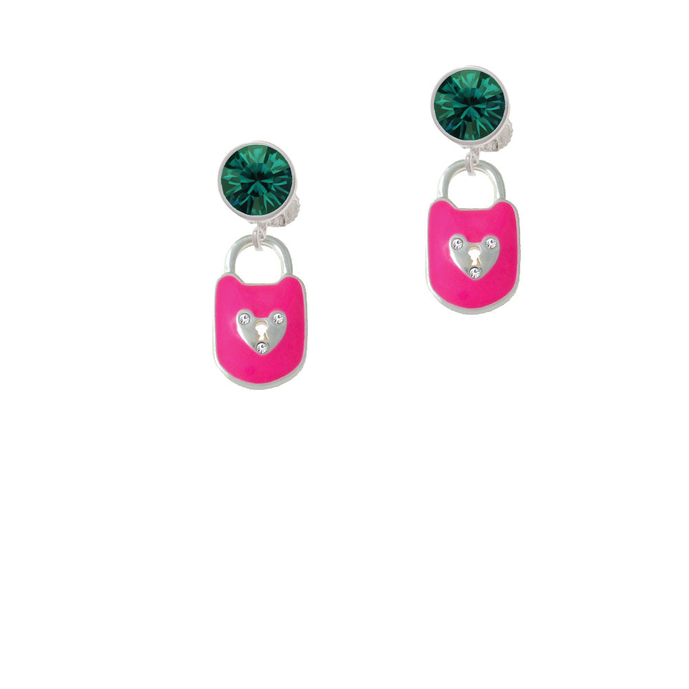 Hot Pink Enamel Lock with Clear Crystals Crystal Clip On Earrings Image 6