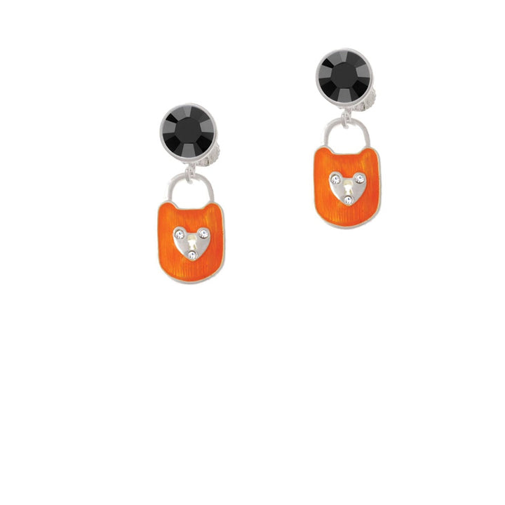 Hot Orange Enamel Lock with Clear Crystals Crystal Clip On Earrings Image 3