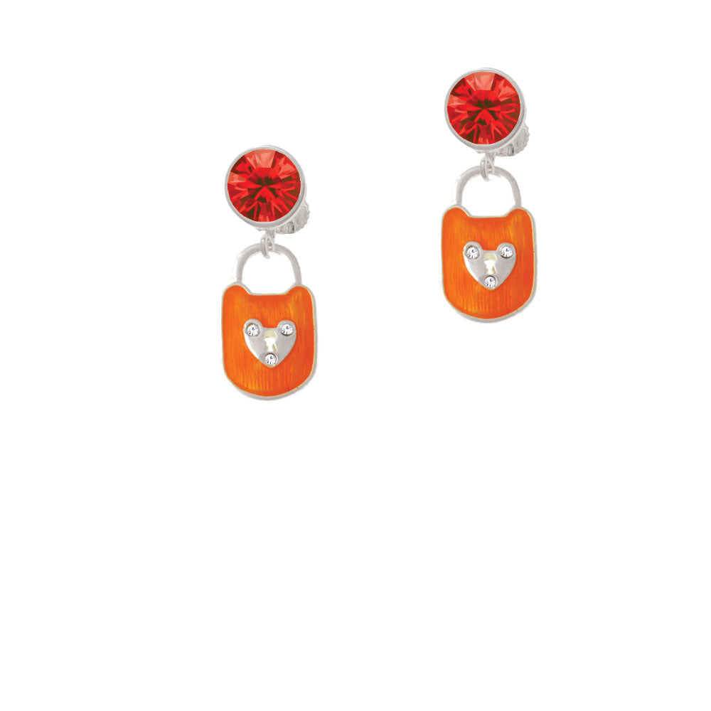 Hot Orange Enamel Lock with Clear Crystals Crystal Clip On Earrings Image 4