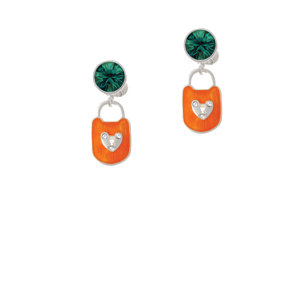 Hot Orange Enamel Lock with Clear Crystals Crystal Clip On Earrings Image 6