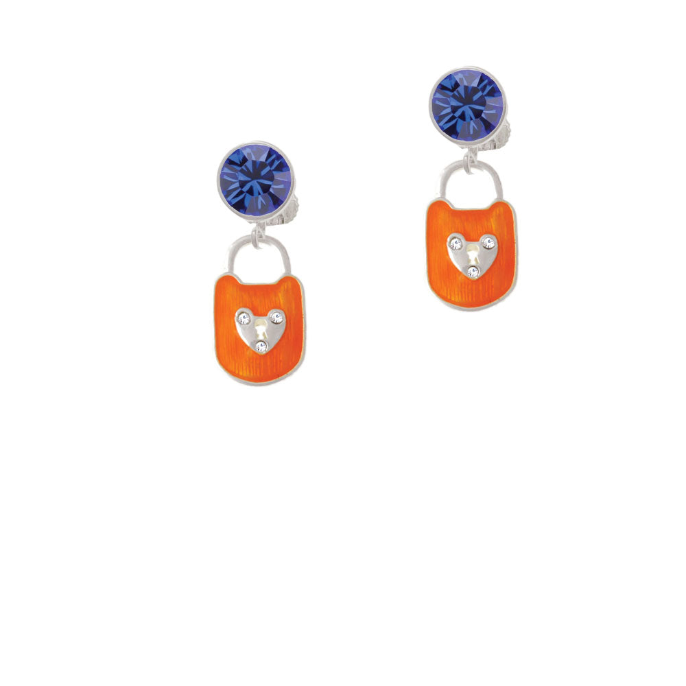 Hot Orange Enamel Lock with Clear Crystals Crystal Clip On Earrings Image 7