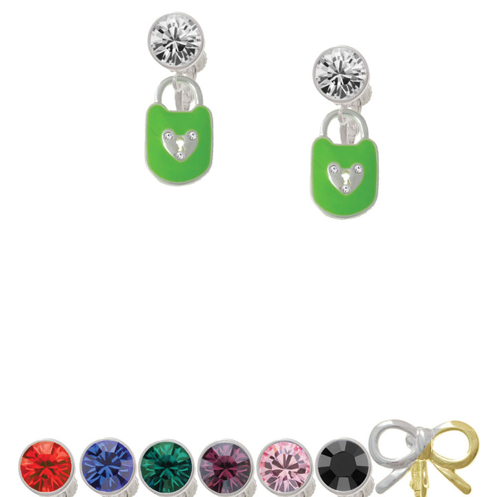 Lime Green Enamel Lock with Clear Crystals Crystal Clip On Earrings Image 1