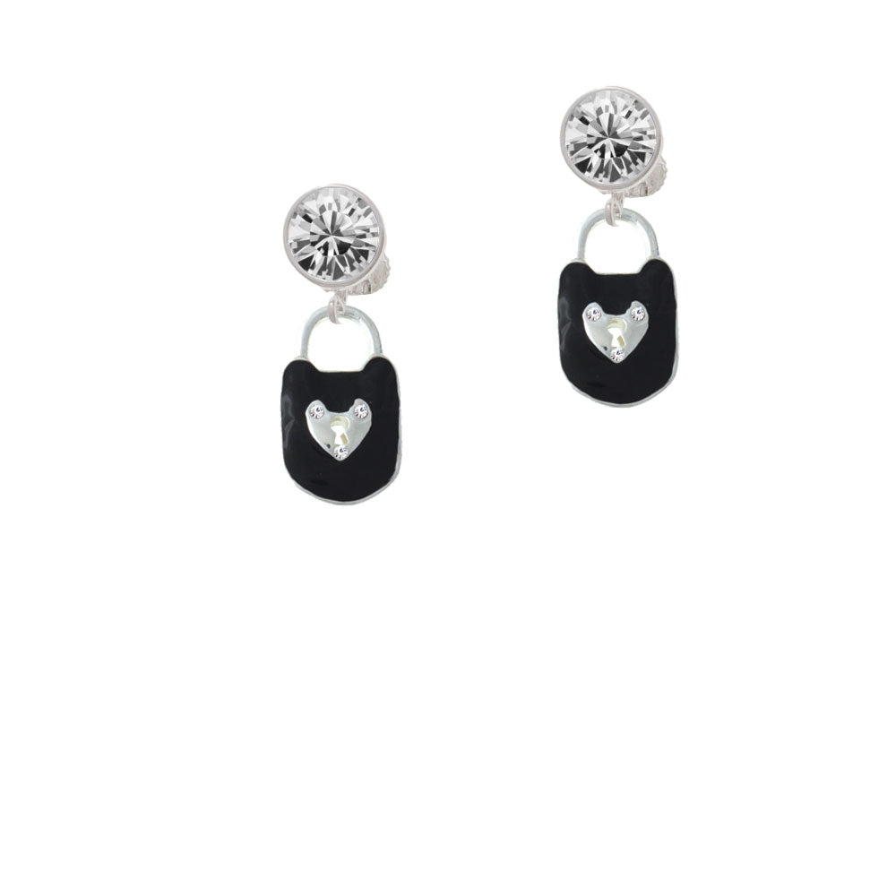 Black Enamel Lock with Clear Crystals Crystal Clip On Earrings Image 2