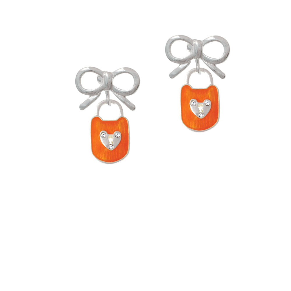 Hot Orange Enamel Lock with Clear Crystals Crystal Clip On Earrings Image 9