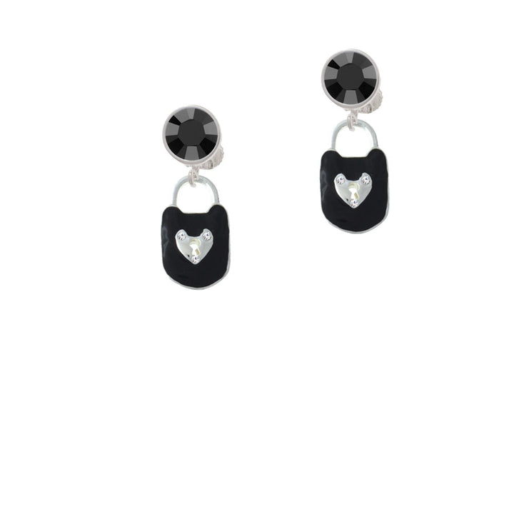 Black Enamel Lock with Clear Crystals Crystal Clip On Earrings Image 3