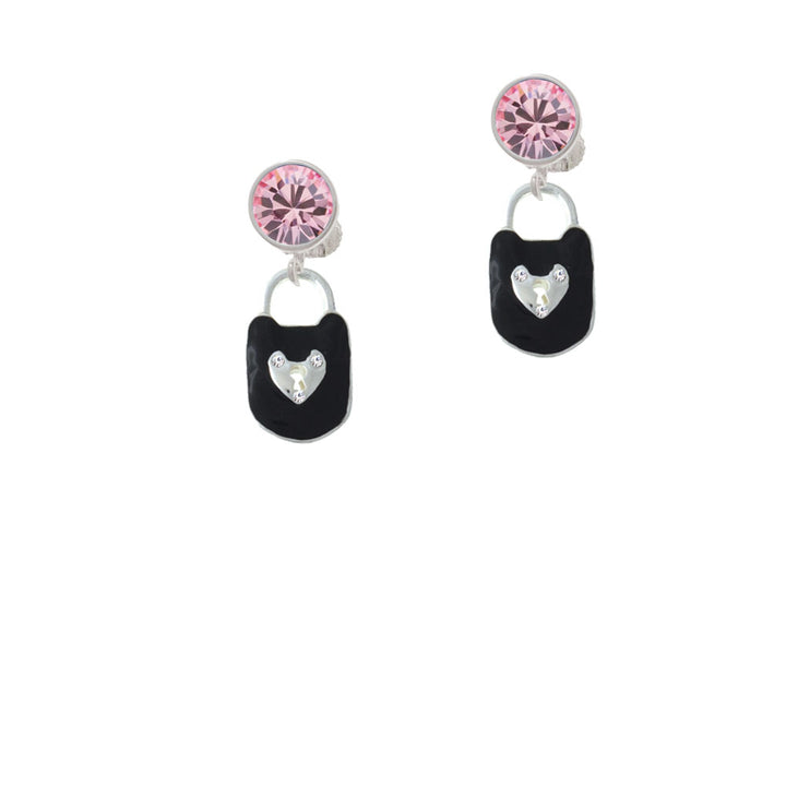 Black Enamel Lock with Clear Crystals Crystal Clip On Earrings Image 4