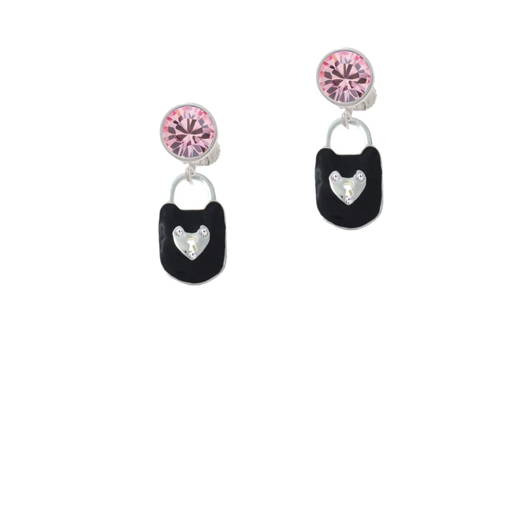Black Enamel Lock with Clear Crystals Crystal Clip On Earrings Image 1
