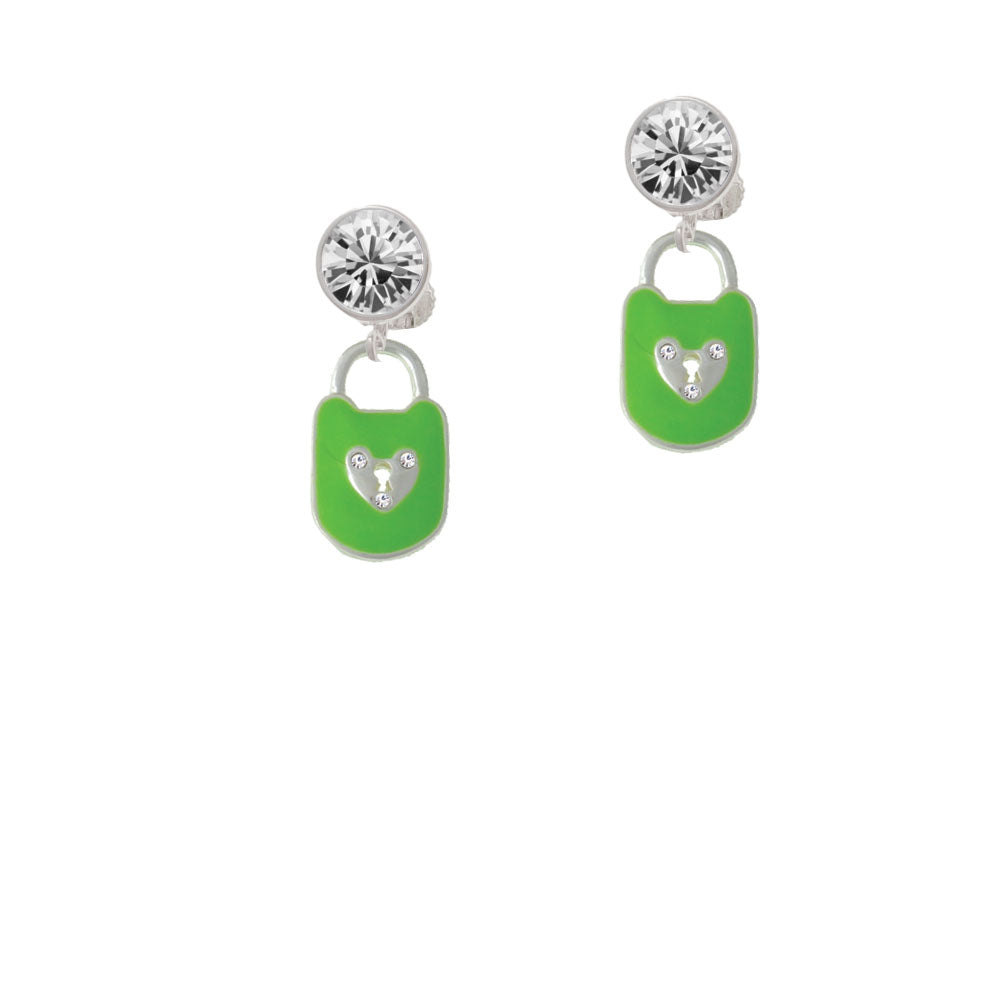 Lime Green Enamel Lock with Clear Crystals Crystal Clip On Earrings Image 2