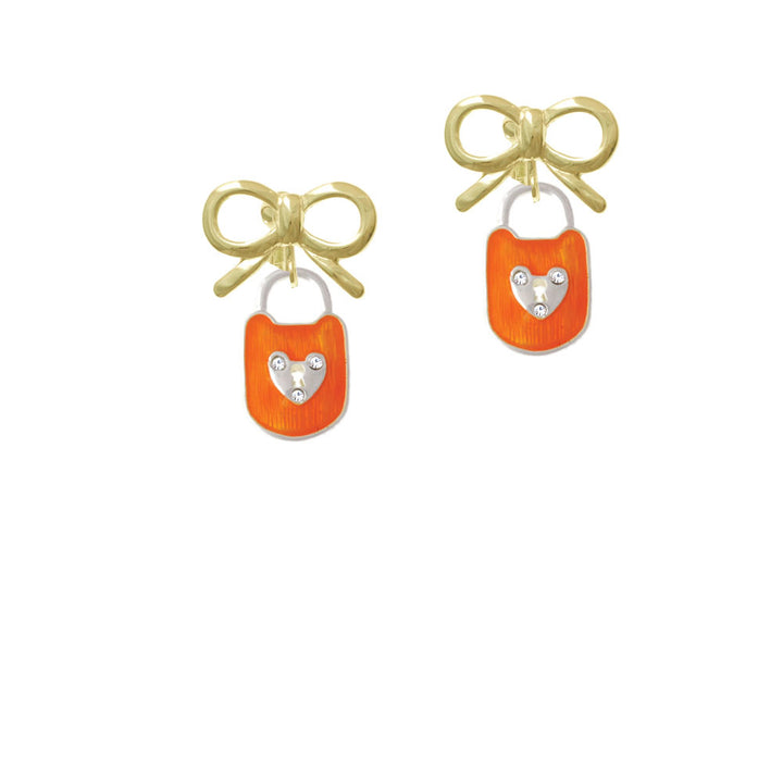 Hot Orange Enamel Lock with Clear Crystals Crystal Clip On Earrings Image 10