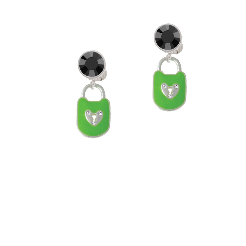 Lime Green Enamel Lock with Clear Crystals Crystal Clip On Earrings Image 3