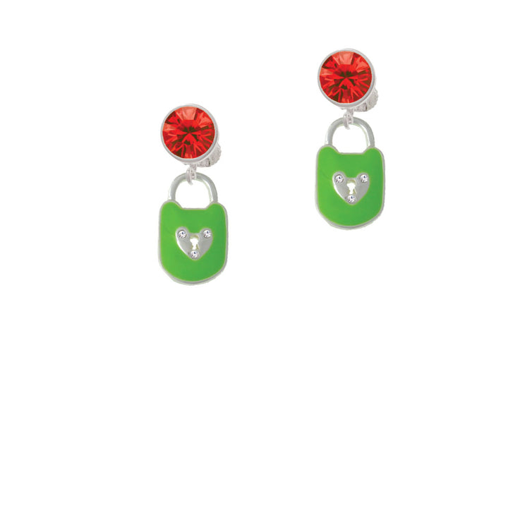 Lime Green Enamel Lock with Clear Crystals Crystal Clip On Earrings Image 4