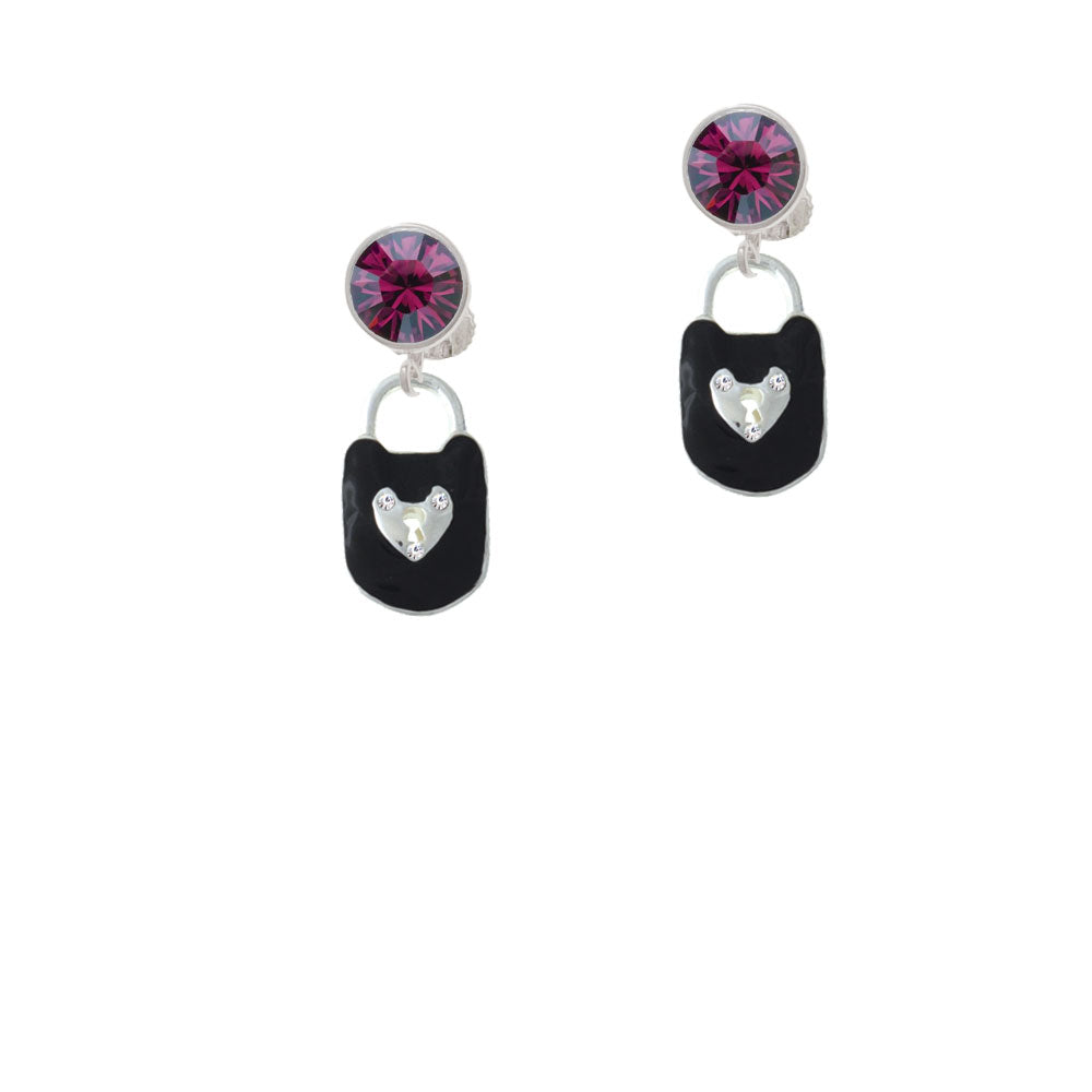 Black Enamel Lock with Clear Crystals Crystal Clip On Earrings Image 8