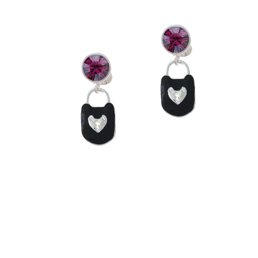 Black Enamel Lock with Clear Crystals Crystal Clip On Earrings Image 1
