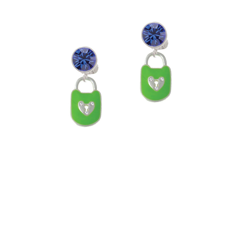 Lime Green Enamel Lock with Clear Crystals Crystal Clip On Earrings Image 7