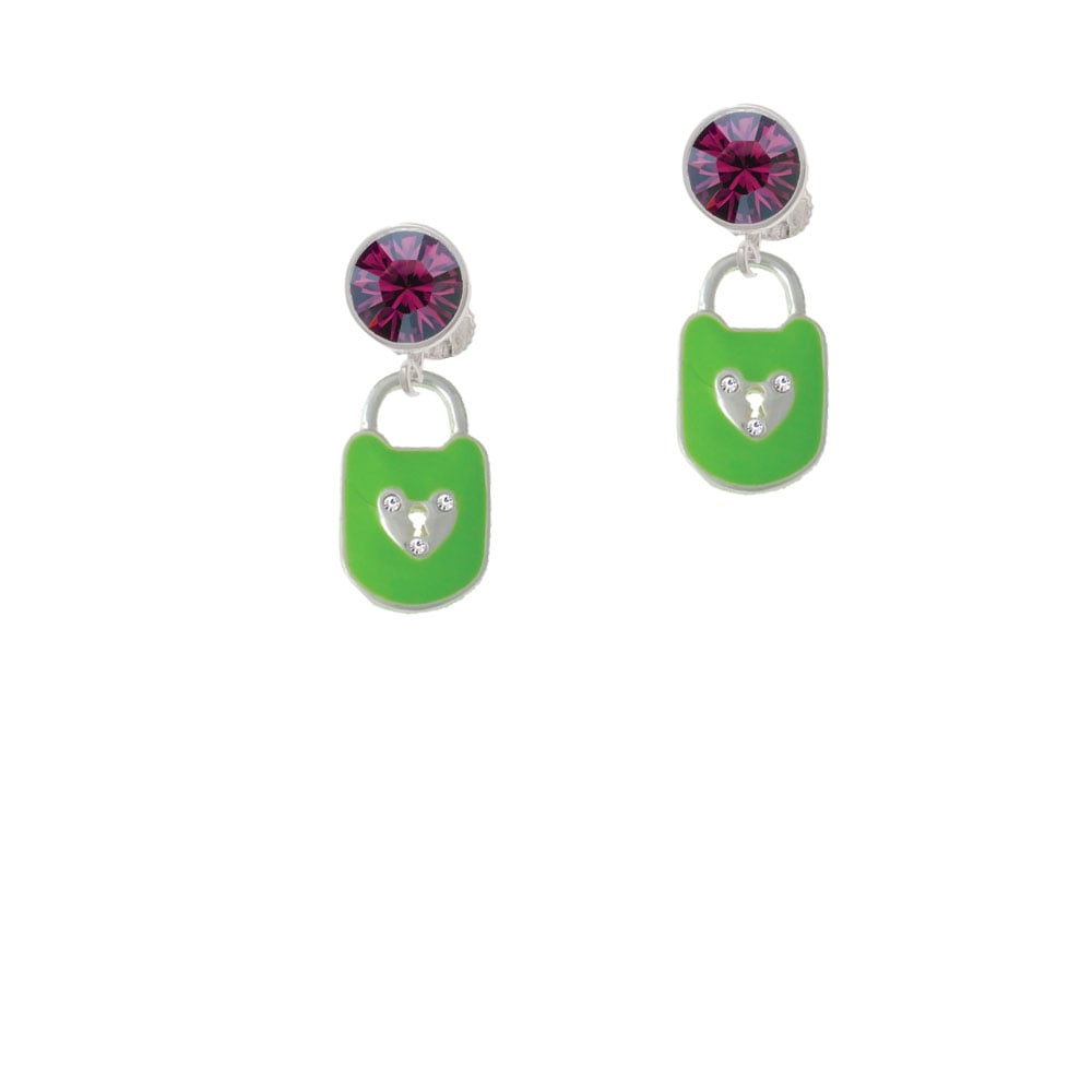 Lime Green Enamel Lock with Clear Crystals Crystal Clip On Earrings Image 8