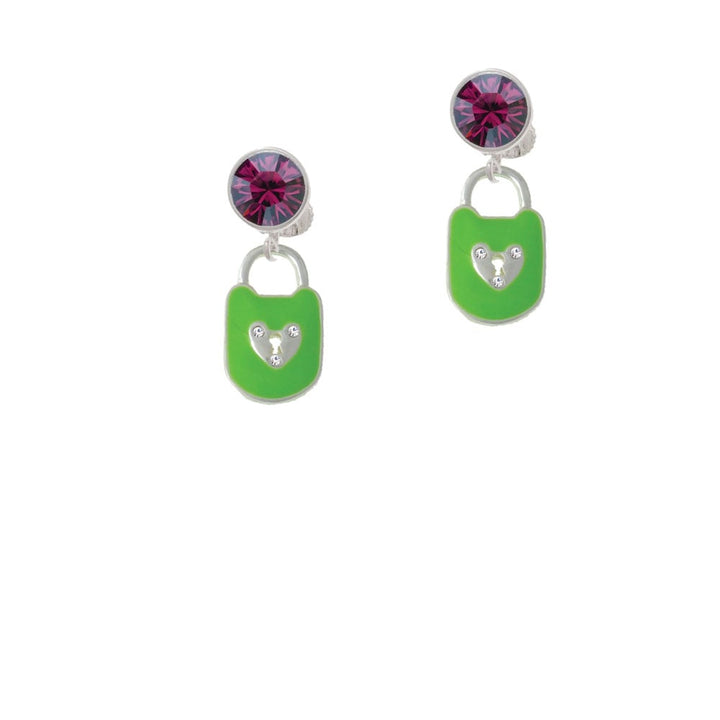 Lime Green Enamel Lock with Clear Crystals Crystal Clip On Earrings Image 1