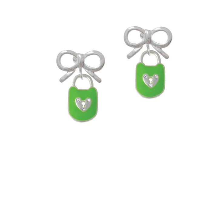 Lime Green Enamel Lock with Clear Crystals Crystal Clip On Earrings Image 9