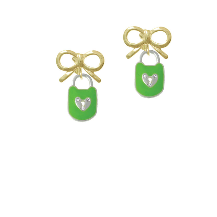 Lime Green Enamel Lock with Clear Crystals Crystal Clip On Earrings Image 10