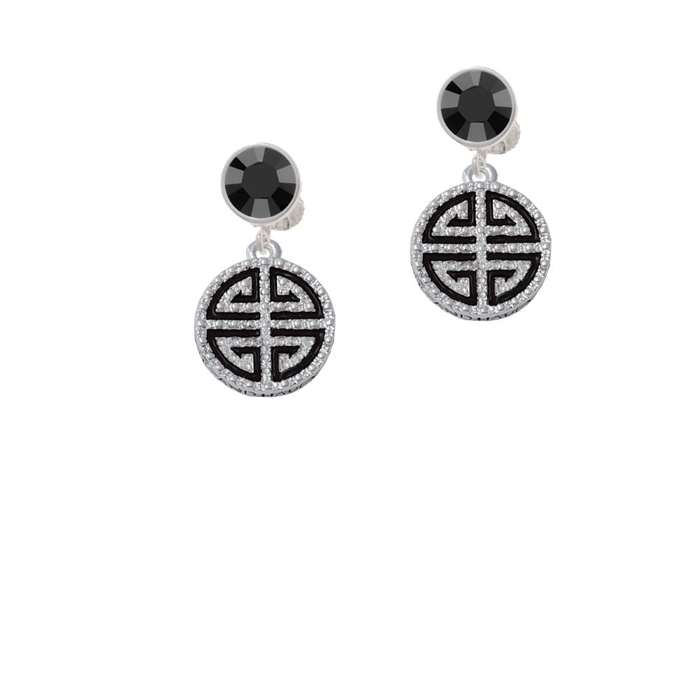 Black Chinese Blessing Crystal Clip On Earrings Image 1