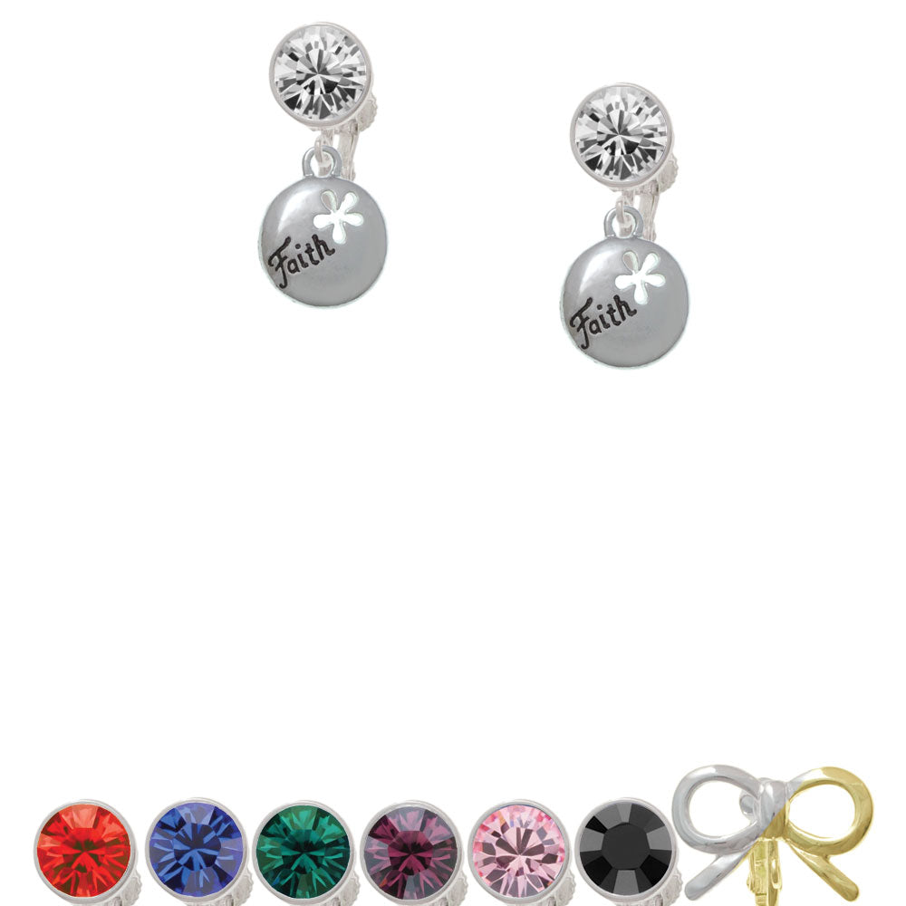 Faith Disc with Cutout Flower Crystal Clip On Earrings Image 1