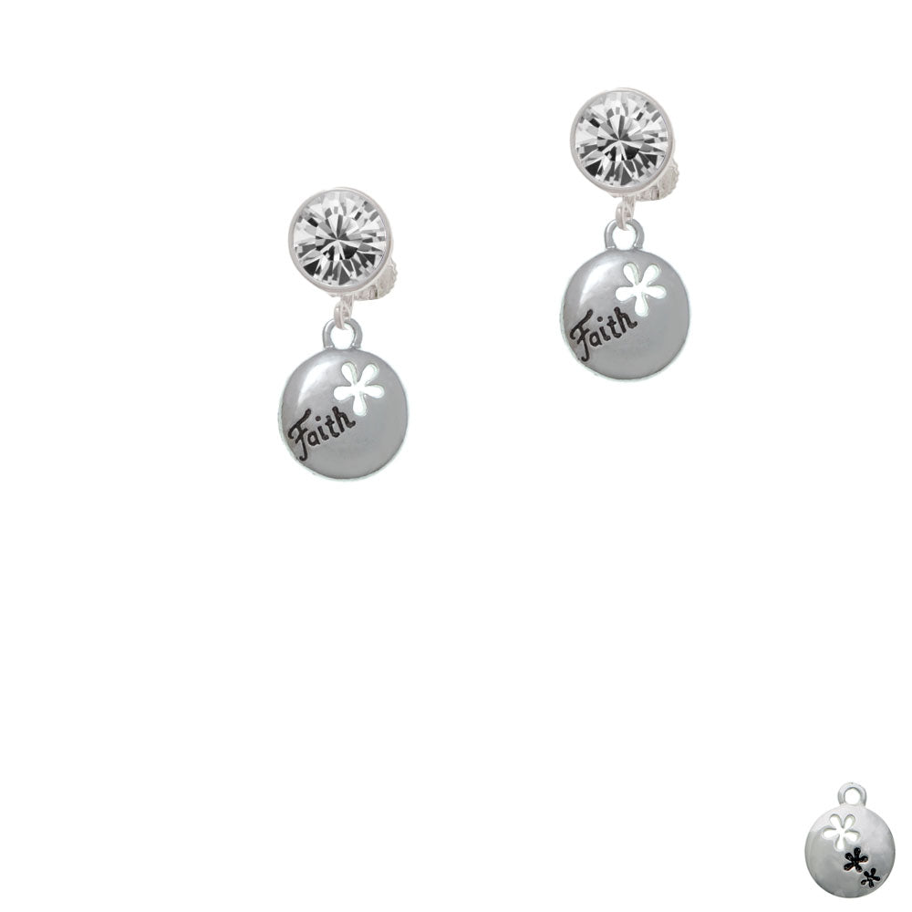 Faith Disc with Cutout Flower Crystal Clip On Earrings Image 2