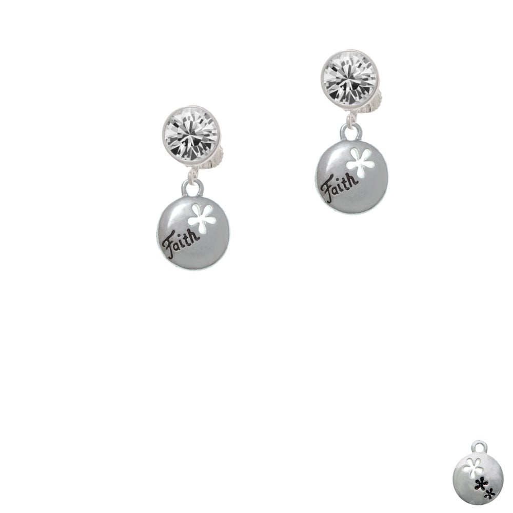 Faith Disc with Cutout Flower Crystal Clip On Earrings Image 1