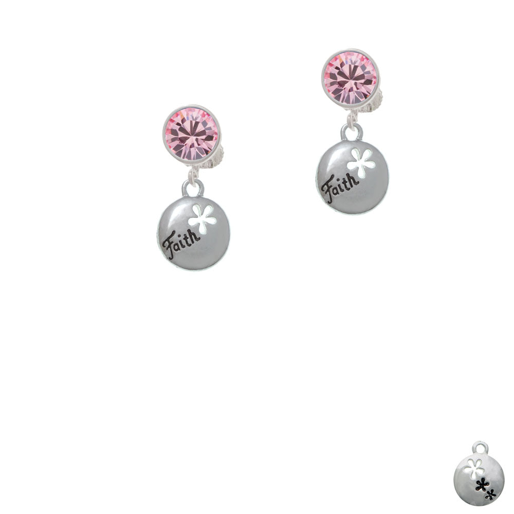 Faith Disc with Cutout Flower Crystal Clip On Earrings Image 4