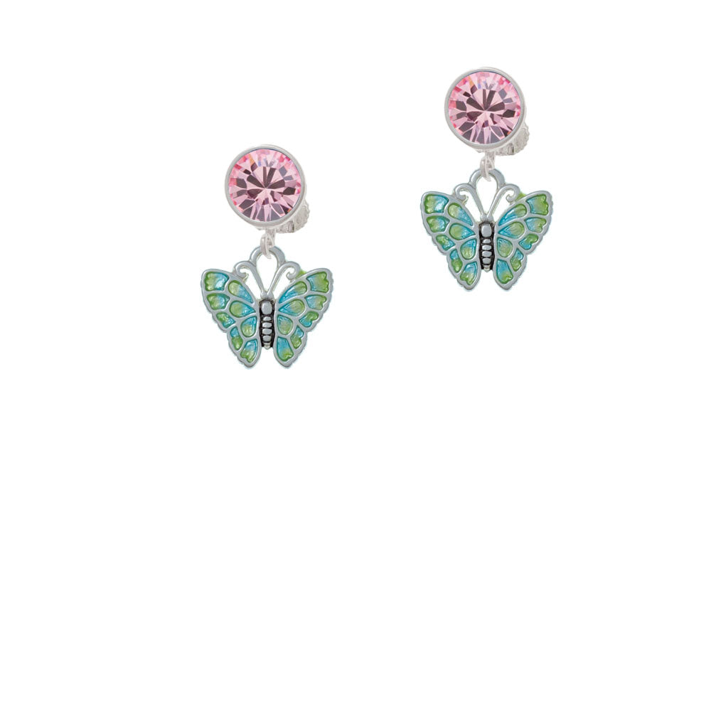 Lime Green and Blue Butterfly Crystal Clip On Earrings Image 4