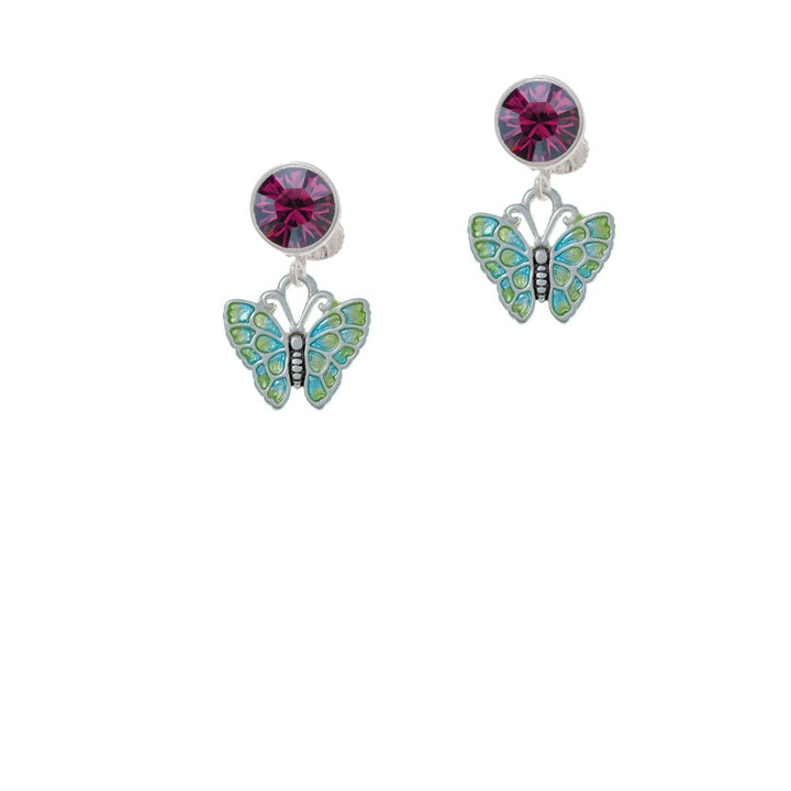 Lime Green and Blue Butterfly Crystal Clip On Earrings Image 1