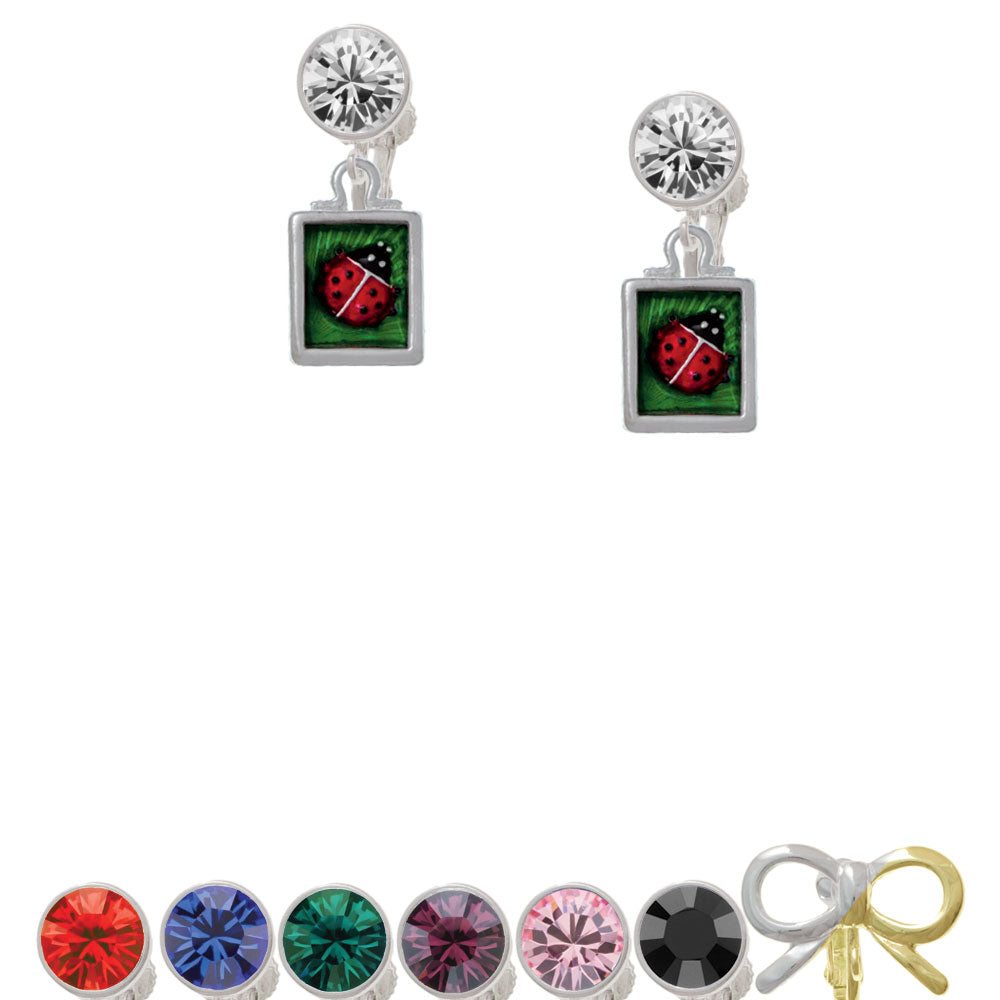 Red Ladybug in Shadow Box Crystal Clip On Earrings Image 1