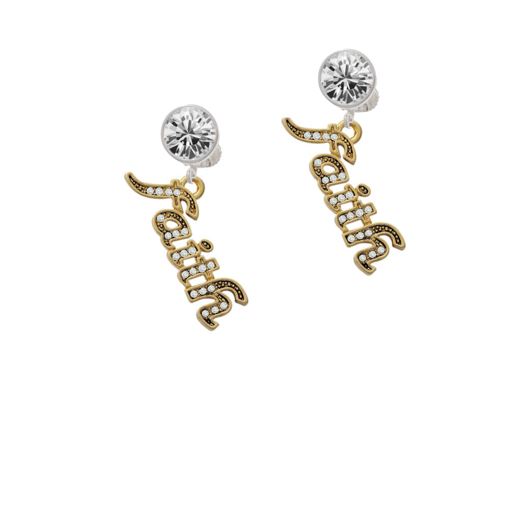 Gold Tone Script Faith with Clear Crystals Crystal Clip On Earrings Image 2