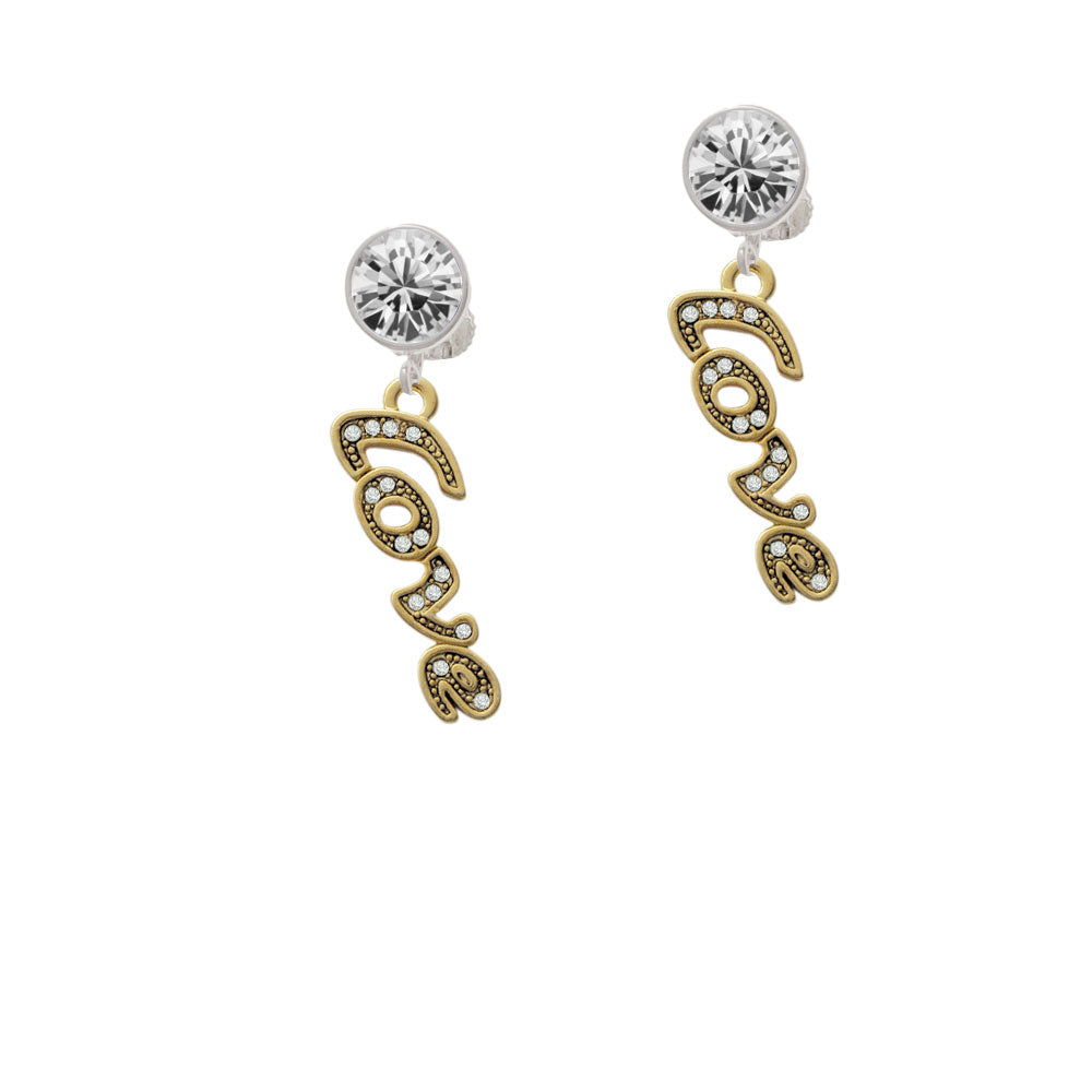 Gold Tone Script Love with Clear Crystals Crystal Clip On Earrings Image 2