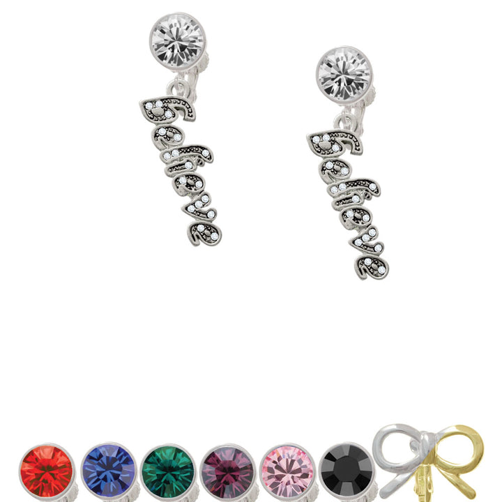 Script Believe with Clear Crystals Crystal Clip On Earrings Image 1