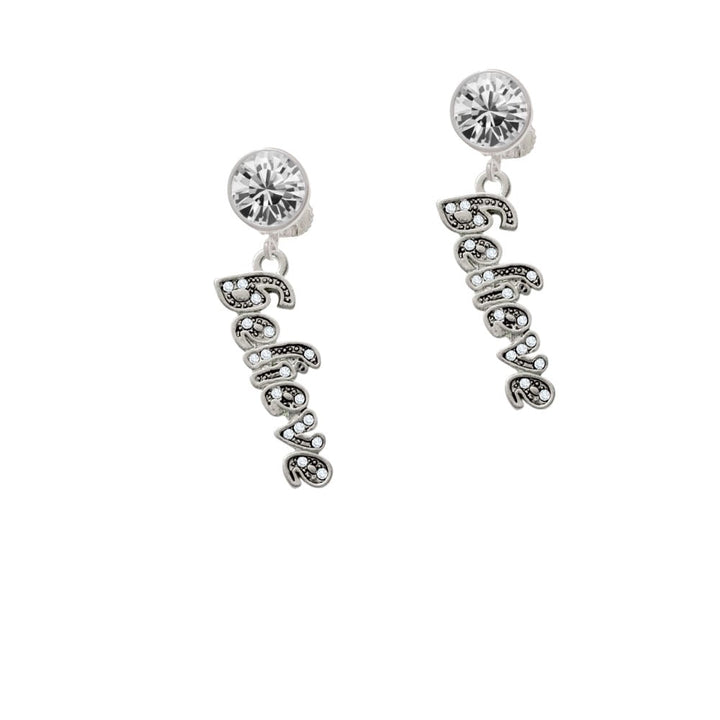 Script Believe with Clear Crystals Crystal Clip On Earrings Image 1