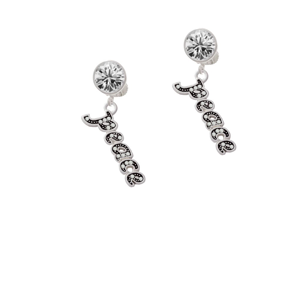 Script Peace with Clear Crystals Crystal Clip On Earrings Image 1