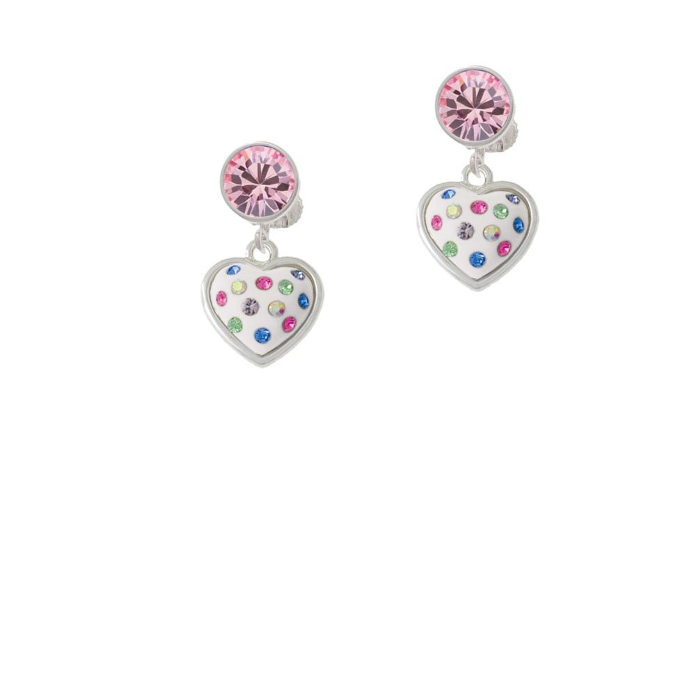 White Resin Heart with Spring Crystals Crystal Clip On Earrings Image 1