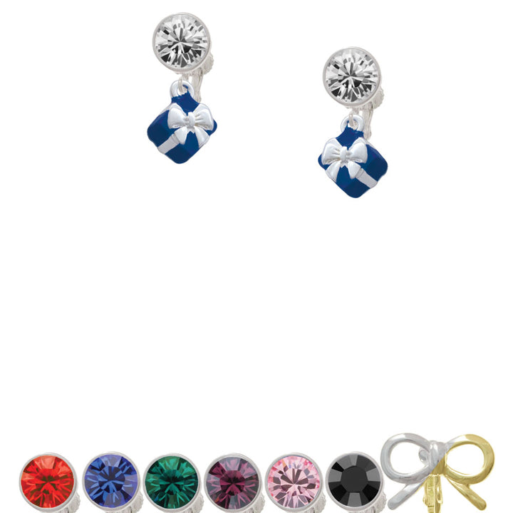 Small 3-D Blue Present Box with Bow Crystal Clip On Earrings Image 1