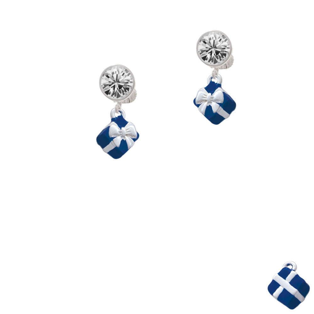 Small 3-D Blue Present Box with Bow Crystal Clip On Earrings Image 2