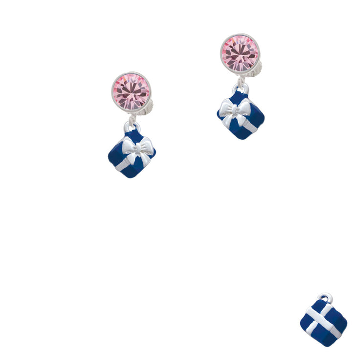 Small 3-D Blue Present Box with Bow Crystal Clip On Earrings Image 4