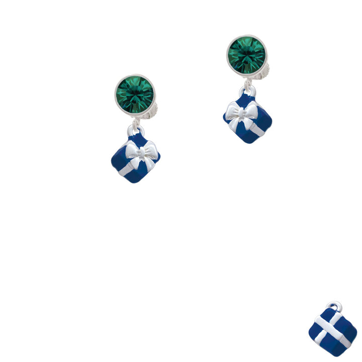 Small 3-D Blue Present Box with Bow Crystal Clip On Earrings Image 6