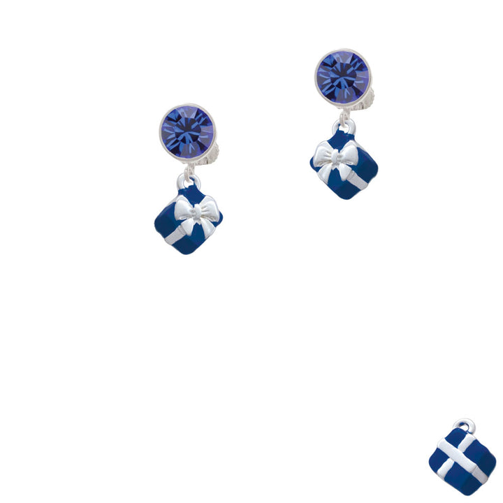 Small 3-D Blue Present Box with Bow Crystal Clip On Earrings Image 7