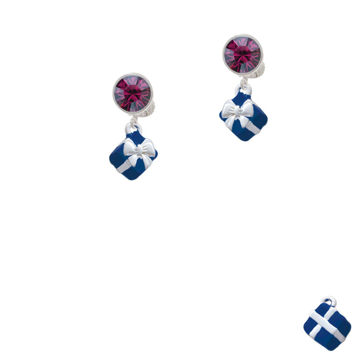 Small 3-D Blue Present Box with Bow Crystal Clip On Earrings Image 8