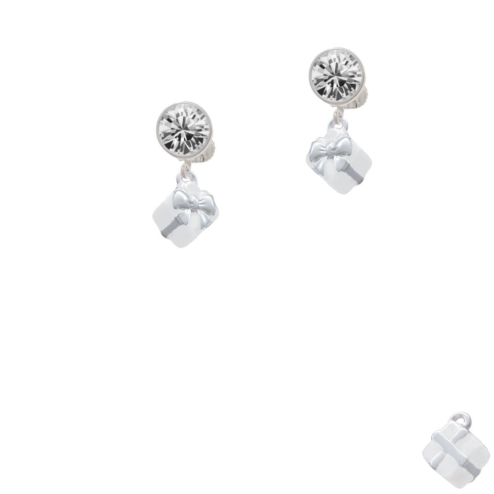 Small 3-D White Present Box with Bow Crystal Clip On Earrings Image 2