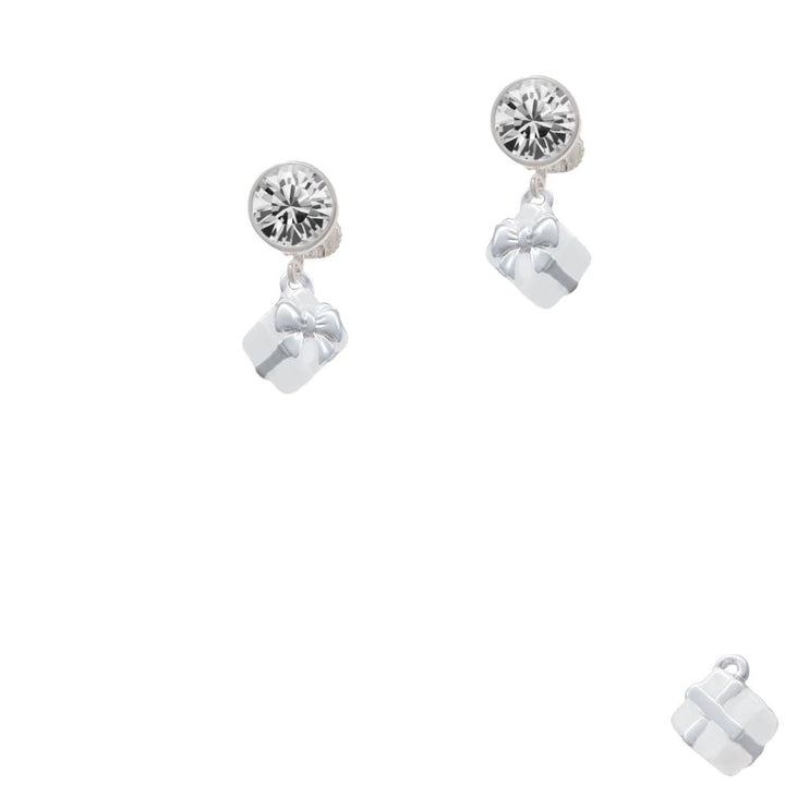 Small 3-D White Present Box with Bow Crystal Clip On Earrings Image 1