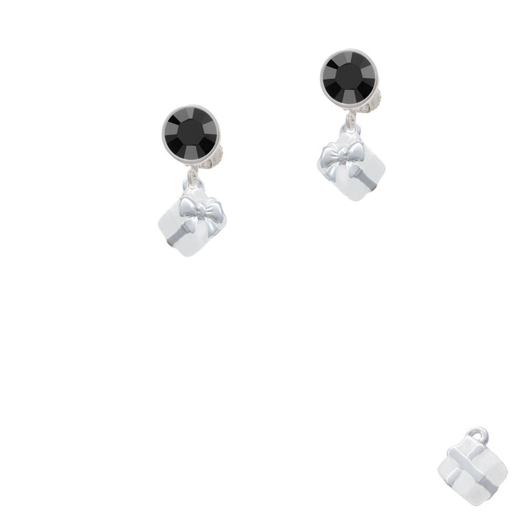 Small 3-D White Present Box with Bow Crystal Clip On Earrings Image 3