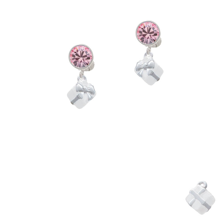 Small 3-D White Present Box with Bow Crystal Clip On Earrings Image 4