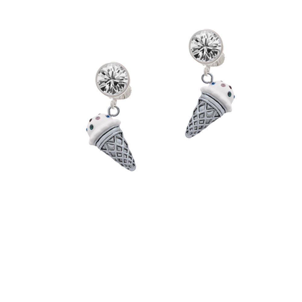 3-D Resin Vanilla Ice Cream Cone with Crystals Crystal Clip On Earrings Image 1