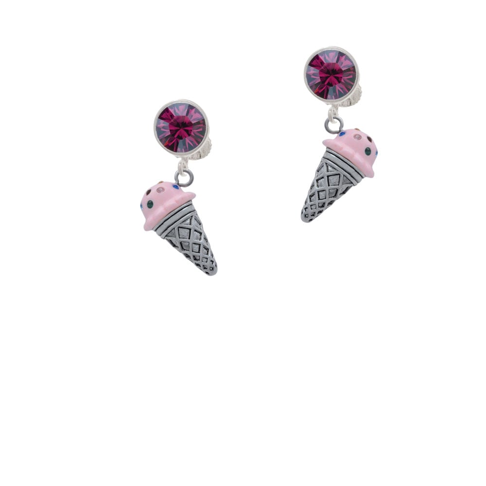 3-D Resin Strawberry Ice Cream Cone with Crystals Crystal Clip On Earrings Image 1